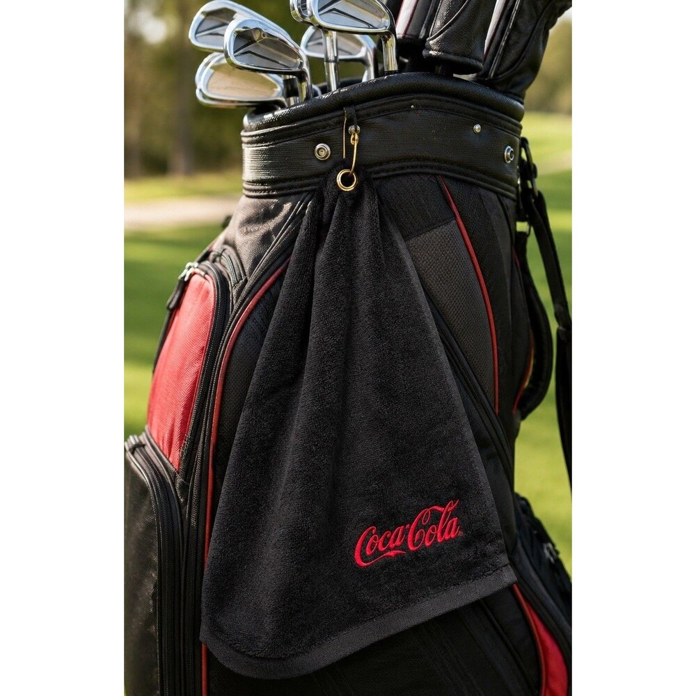 Coca Cola Black Golf Towel Embroidered Logo Cotton Bar Cart Coke Decor Sports